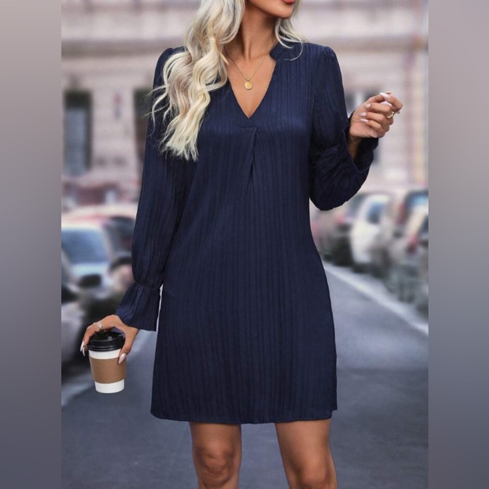 SHEIN navy blue long sleeve dress, v-neck, size large, textured